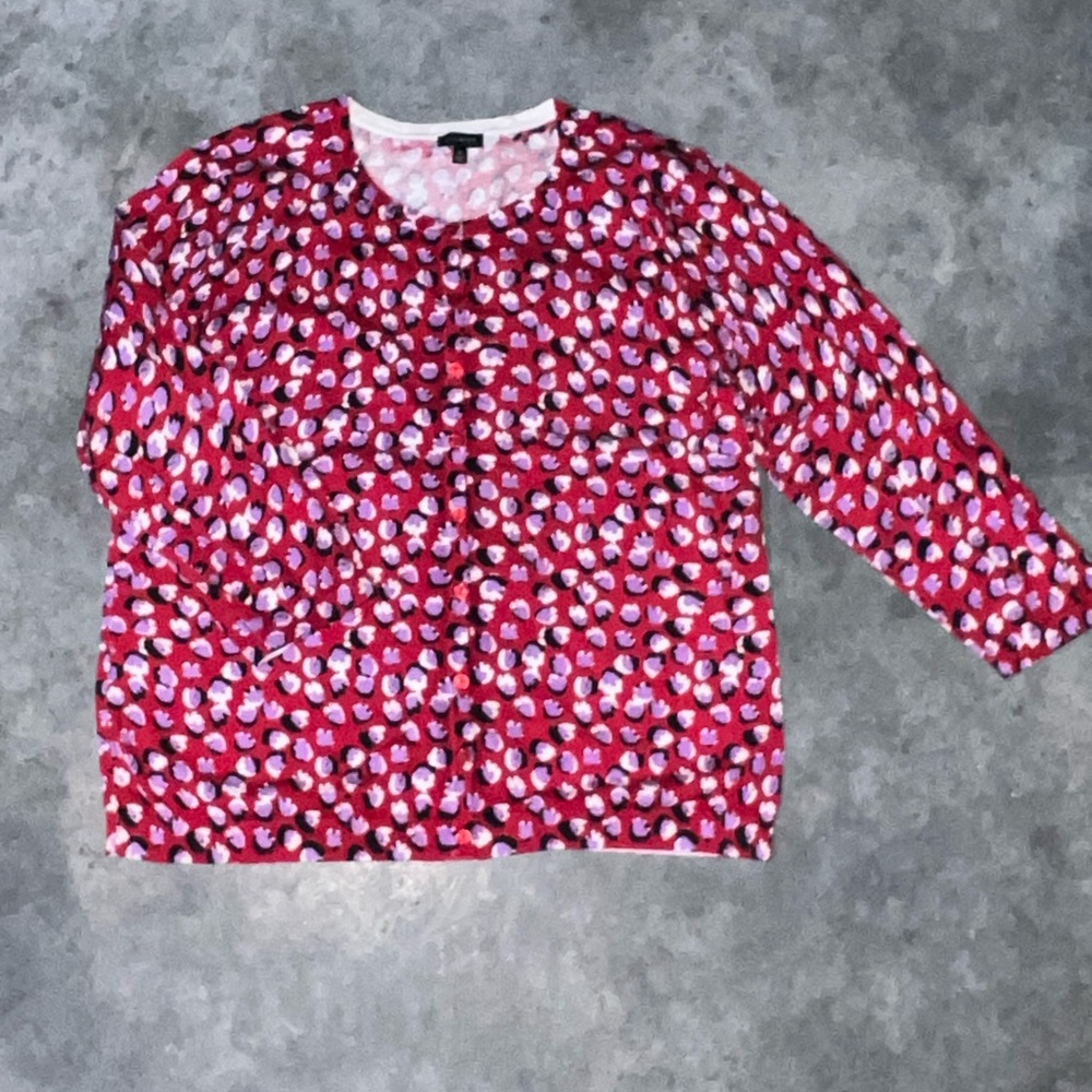 Talbots XL Red Cardigan with Pink and Purple Spot Print